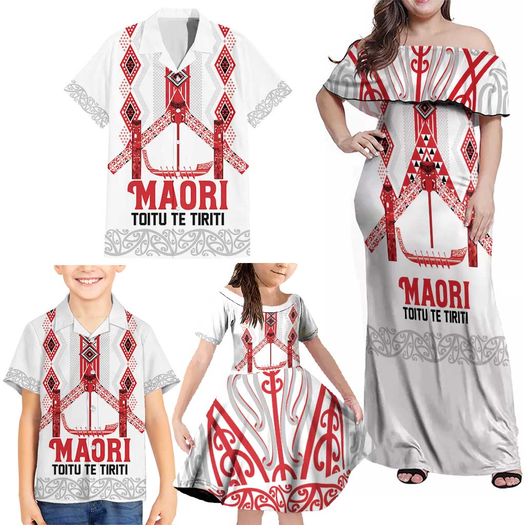 Toitu Te Tiriti Waitangi Family Matching Off Shoulder Maxi Dress and Hawaiian Shirt White Wharenui House - Polynesian Pride