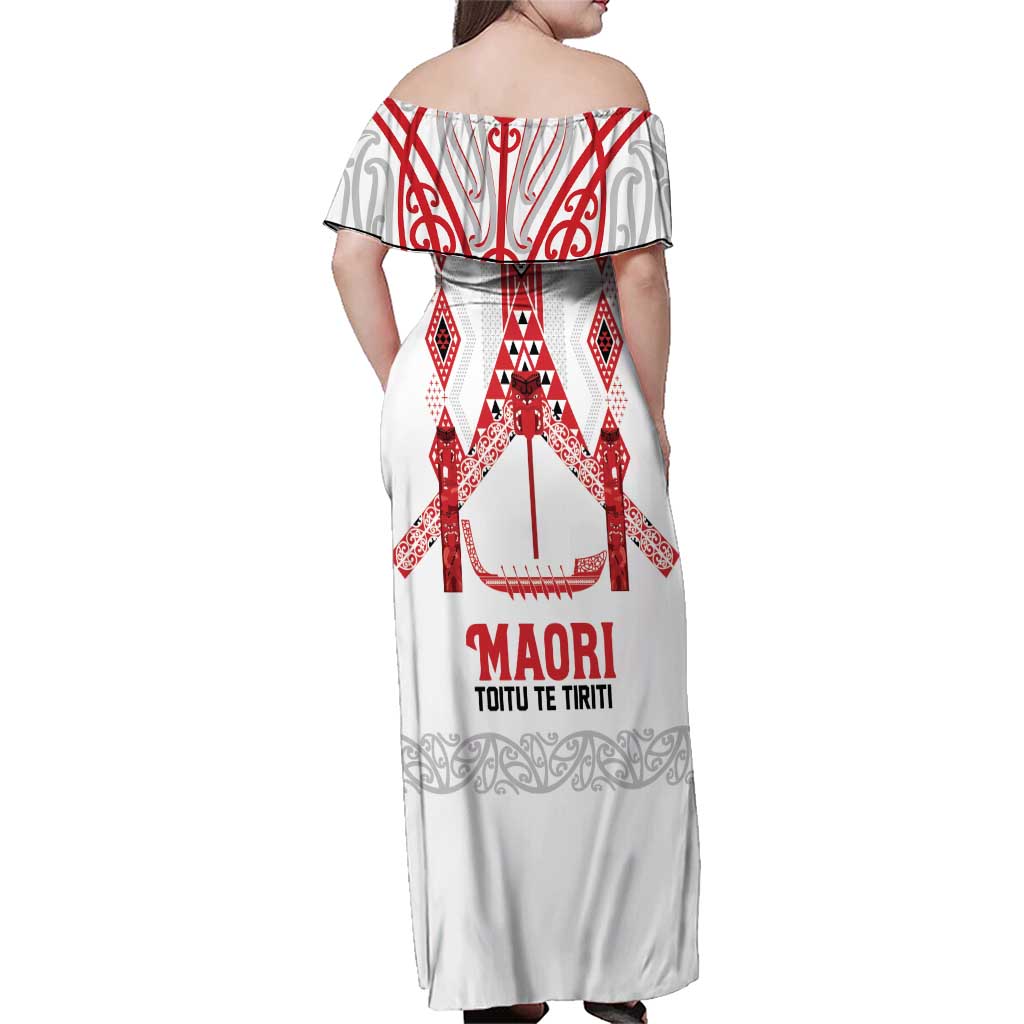 Toitu Te Tiriti Waitangi Family Matching Off Shoulder Maxi Dress and Hawaiian Shirt White Wharenui House - Polynesian Pride