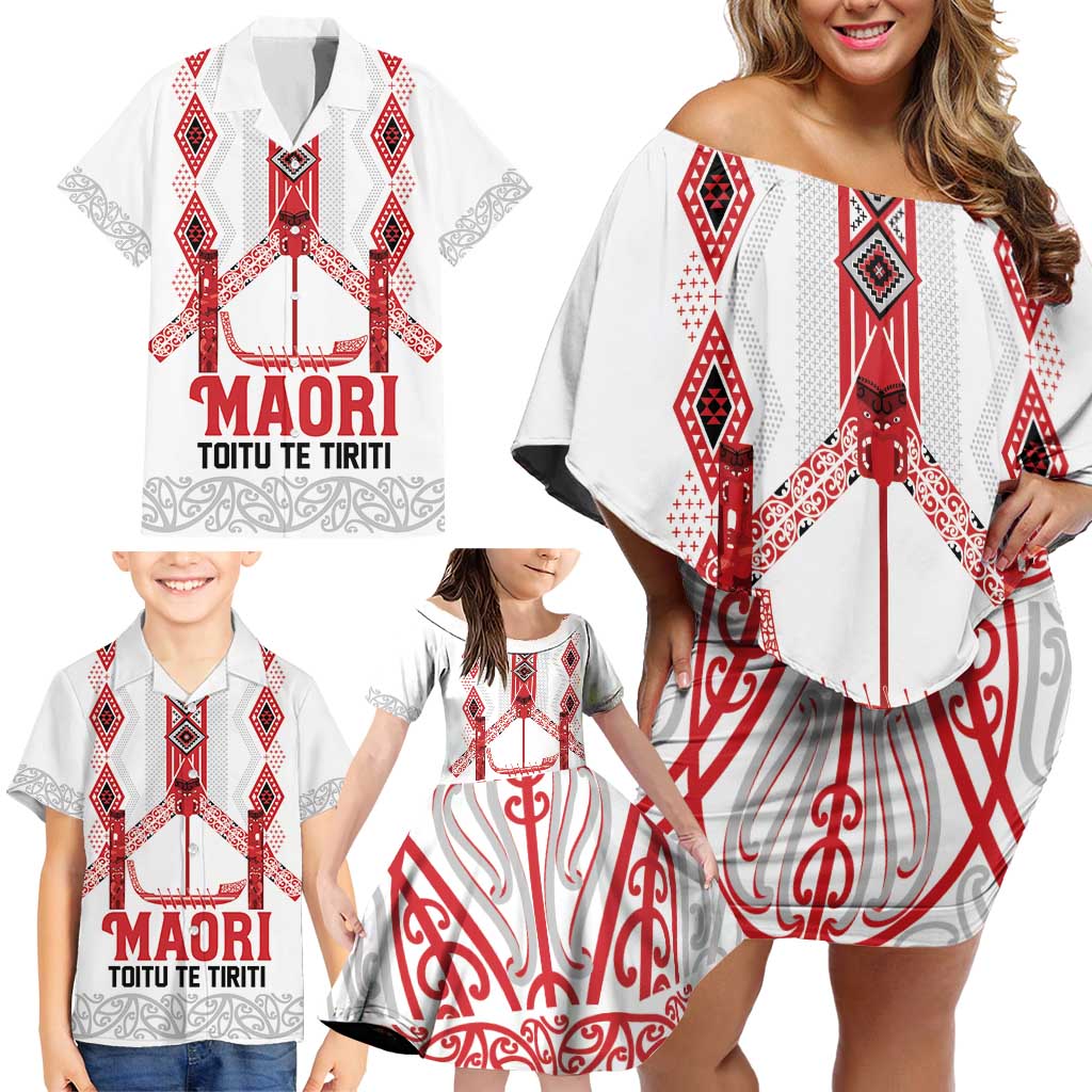 Toitu Te Tiriti Waitangi Family Matching Off Shoulder Short Dress and Hawaiian Shirt White Wharenui House - Polynesian Pride