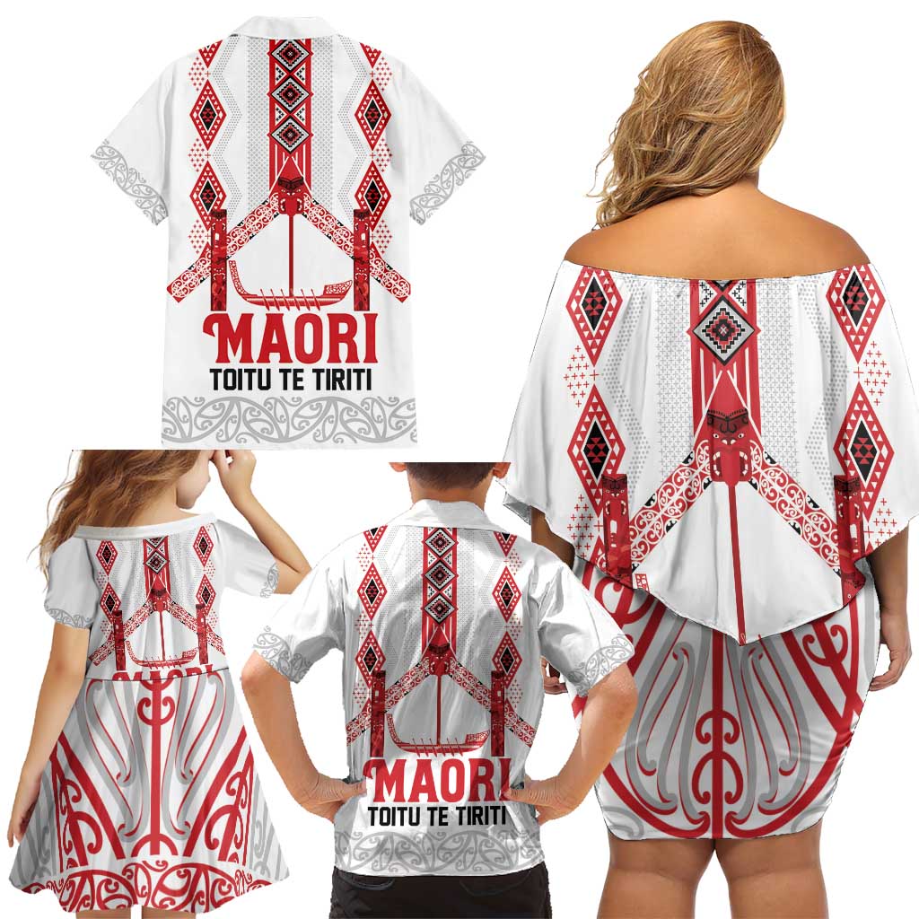Toitu Te Tiriti Waitangi Family Matching Off Shoulder Short Dress and Hawaiian Shirt White Wharenui House - Polynesian Pride