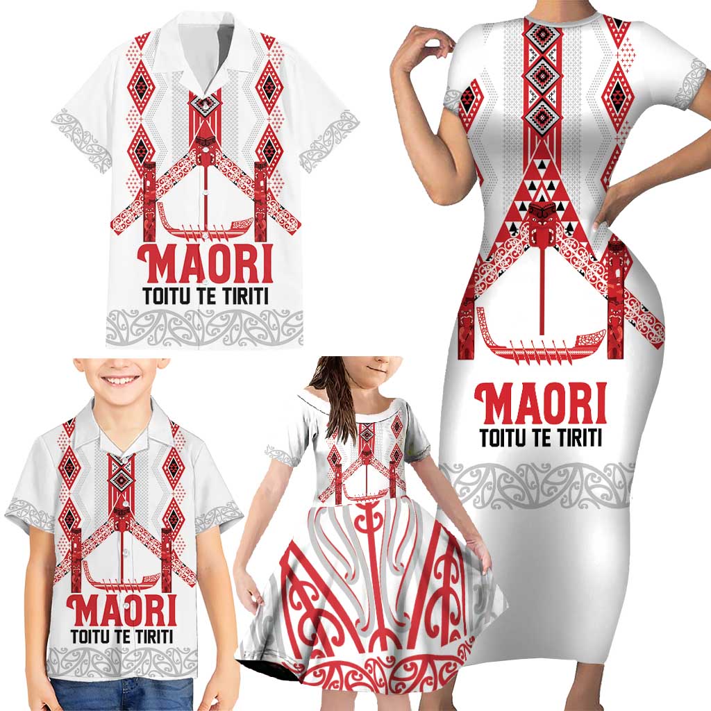 Toitu Te Tiriti Waitangi Family Matching Short Sleeve Bodycon Dress and Hawaiian Shirt White Wharenui House - Polynesian Pride