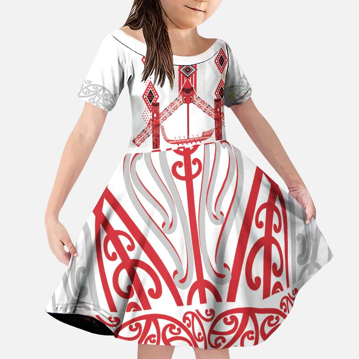 Toitu Te Tiriti Waitangi Kid Short Sleeve Dress White Wharenui House LT9 KID white - Polynesian Pride