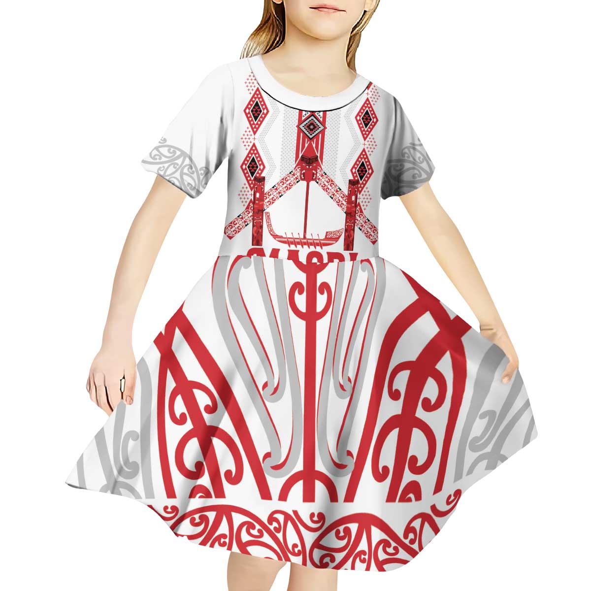 Toitu Te Tiriti Waitangi Kid Short Sleeve Dress White Wharenui House LT9 - Polynesian Pride