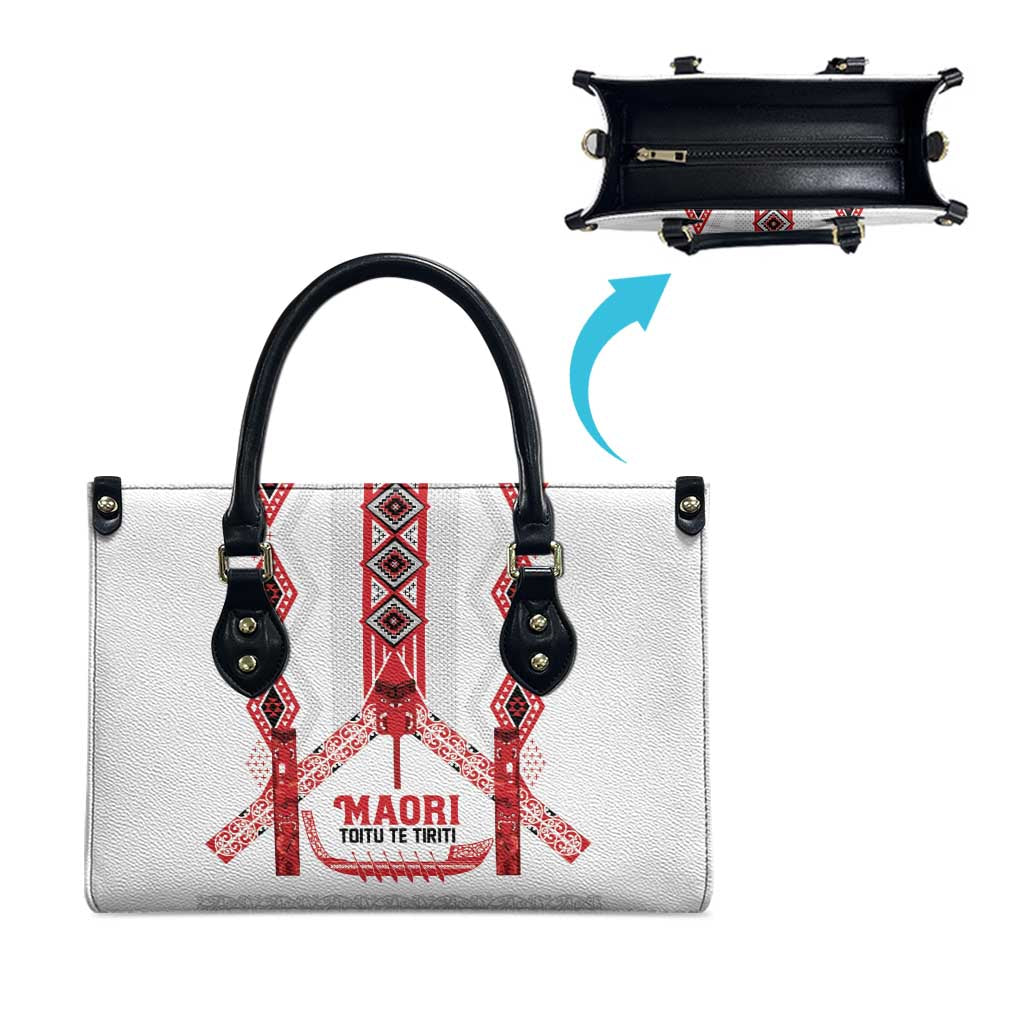 Toitu Te Tiriti Waitangi Leather Bag White Wharenui House - Polynesian Pride