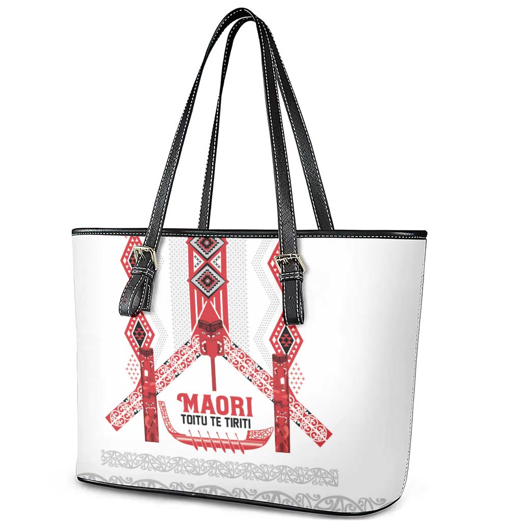 Toitu Te Tiriti Waitangi Leather Tote Bag White Wharenui House - Polynesian Pride