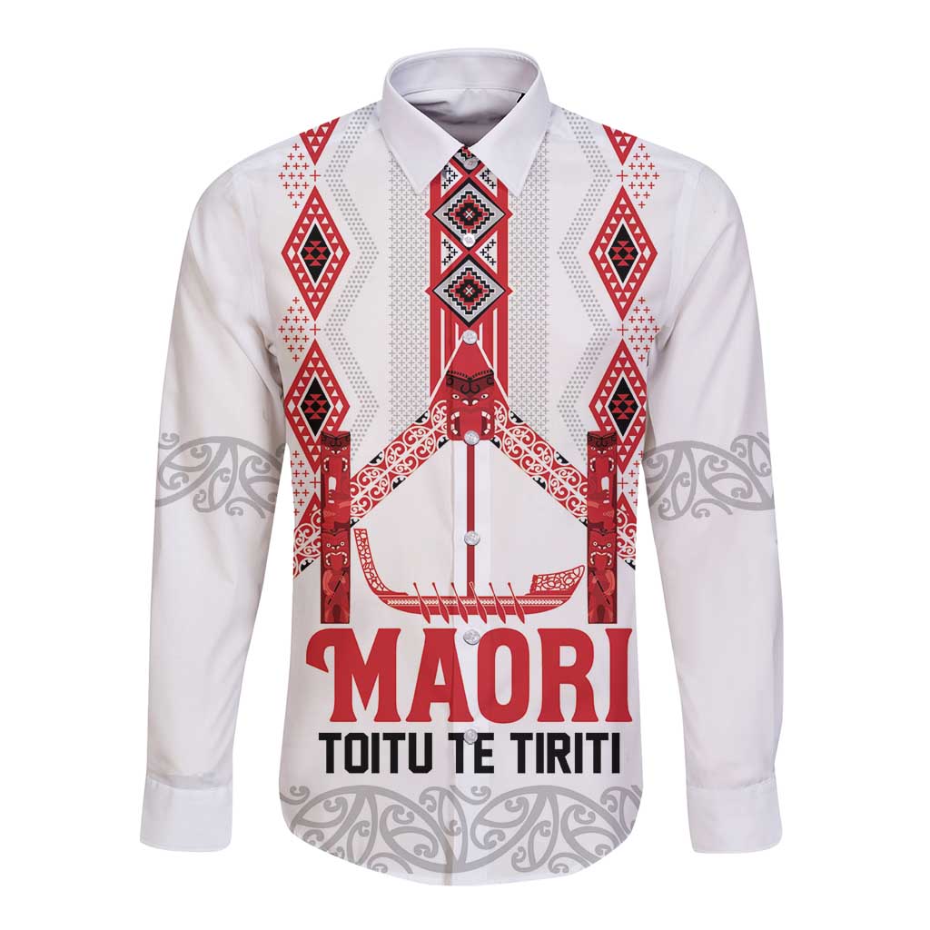 Toitu Te Tiriti Waitangi Long Sleeve Button Shirt White Wharenui House LT9 Unisex white - Polynesian Pride