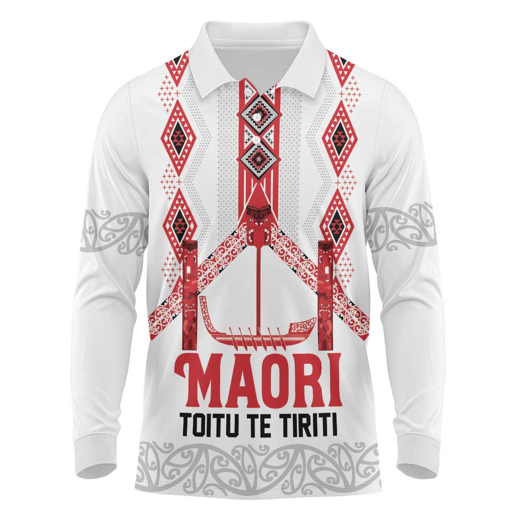 Toitu Te Tiriti Waitangi Long Sleeve Polo Shirt White Wharenui House LT9 white - Polynesian Pride