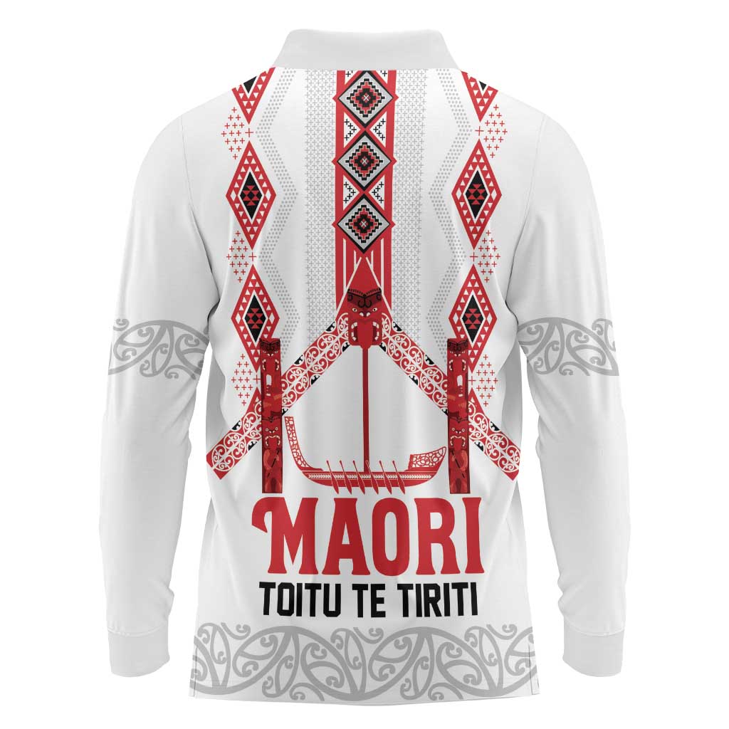 Toitu Te Tiriti Waitangi Long Sleeve Polo Shirt White Wharenui House LT9 - Polynesian Pride