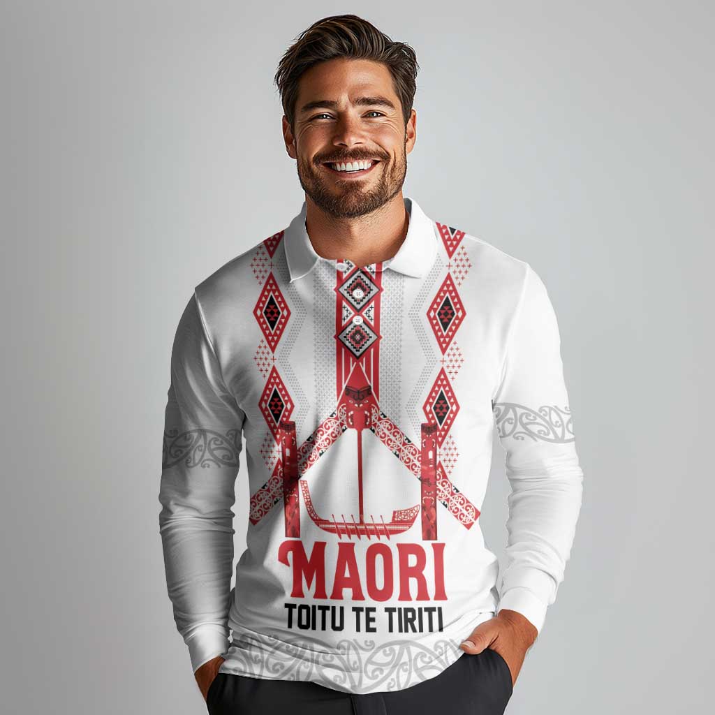 Toitu Te Tiriti Waitangi Long Sleeve Polo Shirt White Wharenui House LT9 - Polynesian Pride