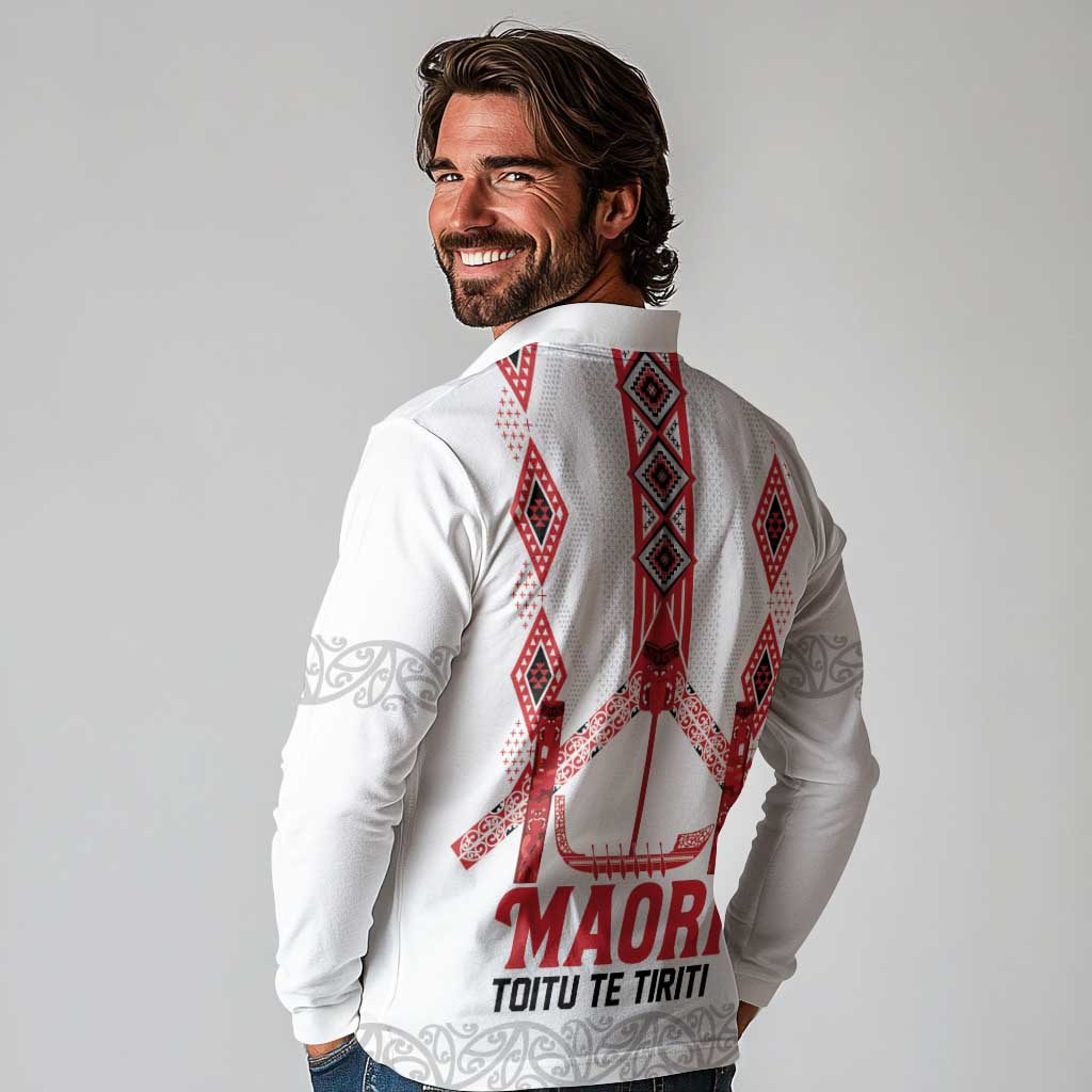 Toitu Te Tiriti Waitangi Long Sleeve Polo Shirt White Wharenui House LT9 - Polynesian Pride