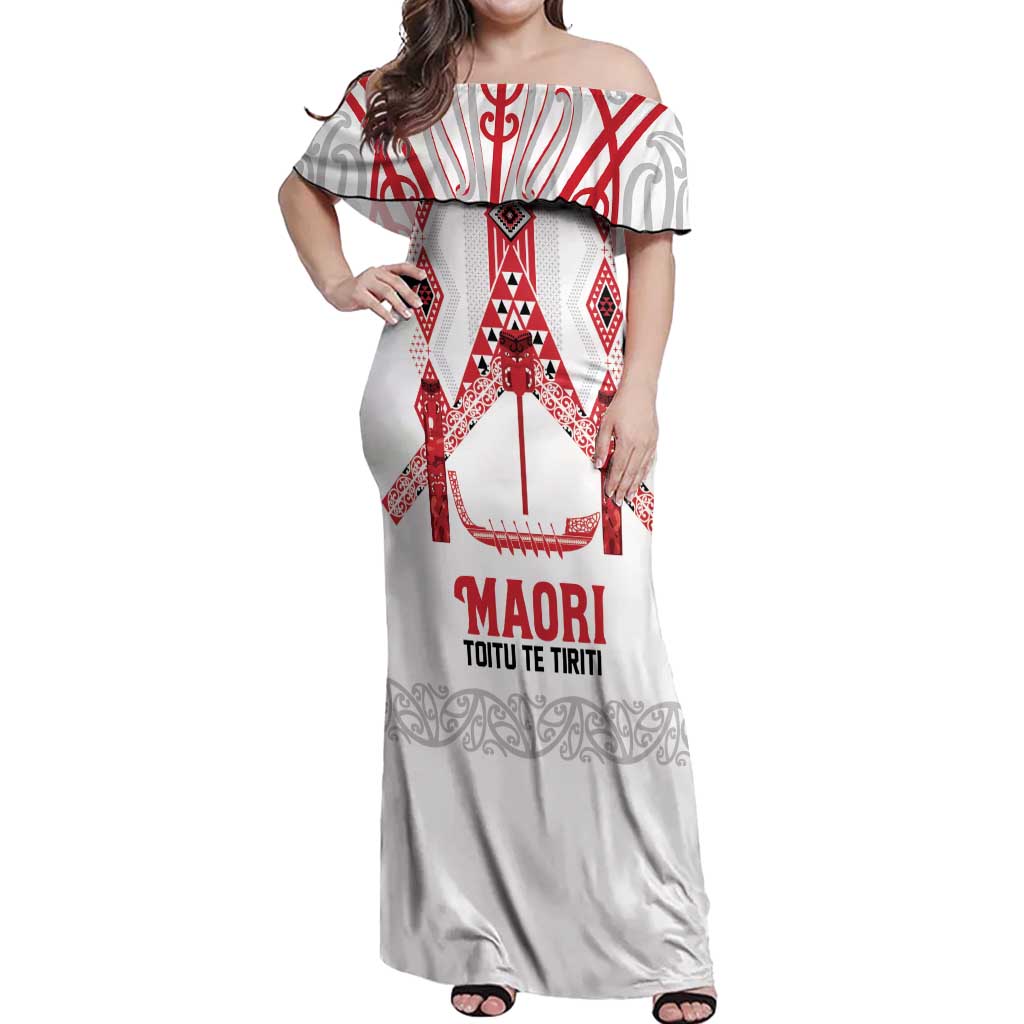 Toitu Te Tiriti Waitangi Off Shoulder Maxi Dress White Wharenui House - Polynesian Pride
