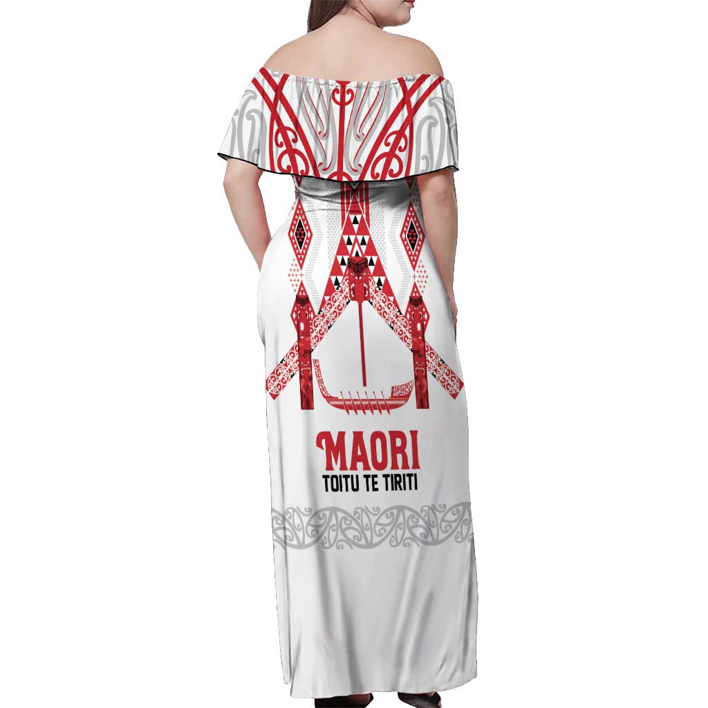 Toitu Te Tiriti Waitangi Off Shoulder Maxi Dress White Wharenui House - Polynesian Pride