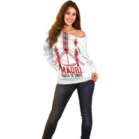 Toitu Te Tiriti Waitangi Off Shoulder Sweater White Wharenui House LT9 - Polynesian Pride