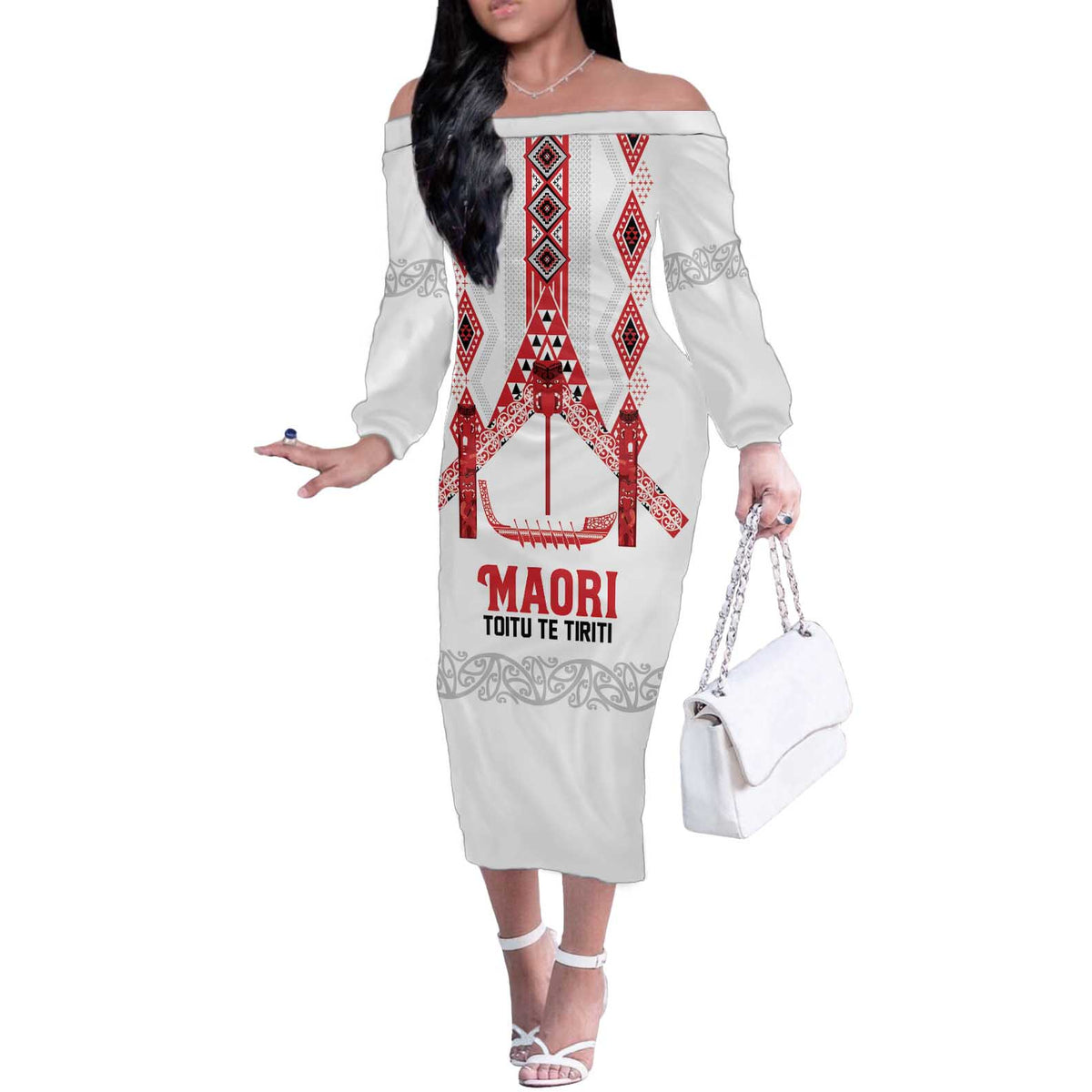 Toitu Te Tiriti Waitangi Off The Shoulder Long Sleeve Dress White Wharenui House - Polynesian Pride