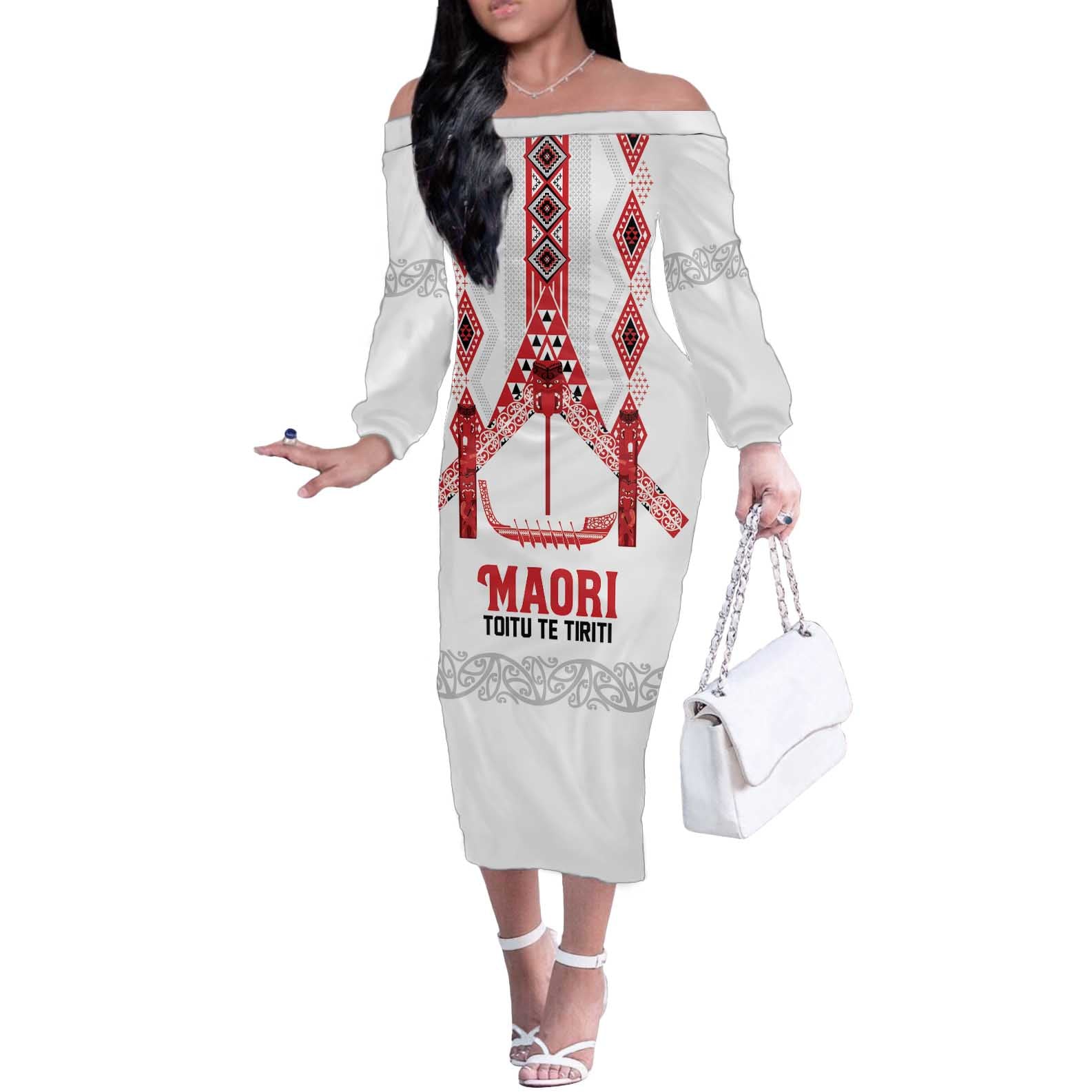 Toitu Te Tiriti Waitangi Off The Shoulder Long Sleeve Dress White Wharenui House - Polynesian Pride