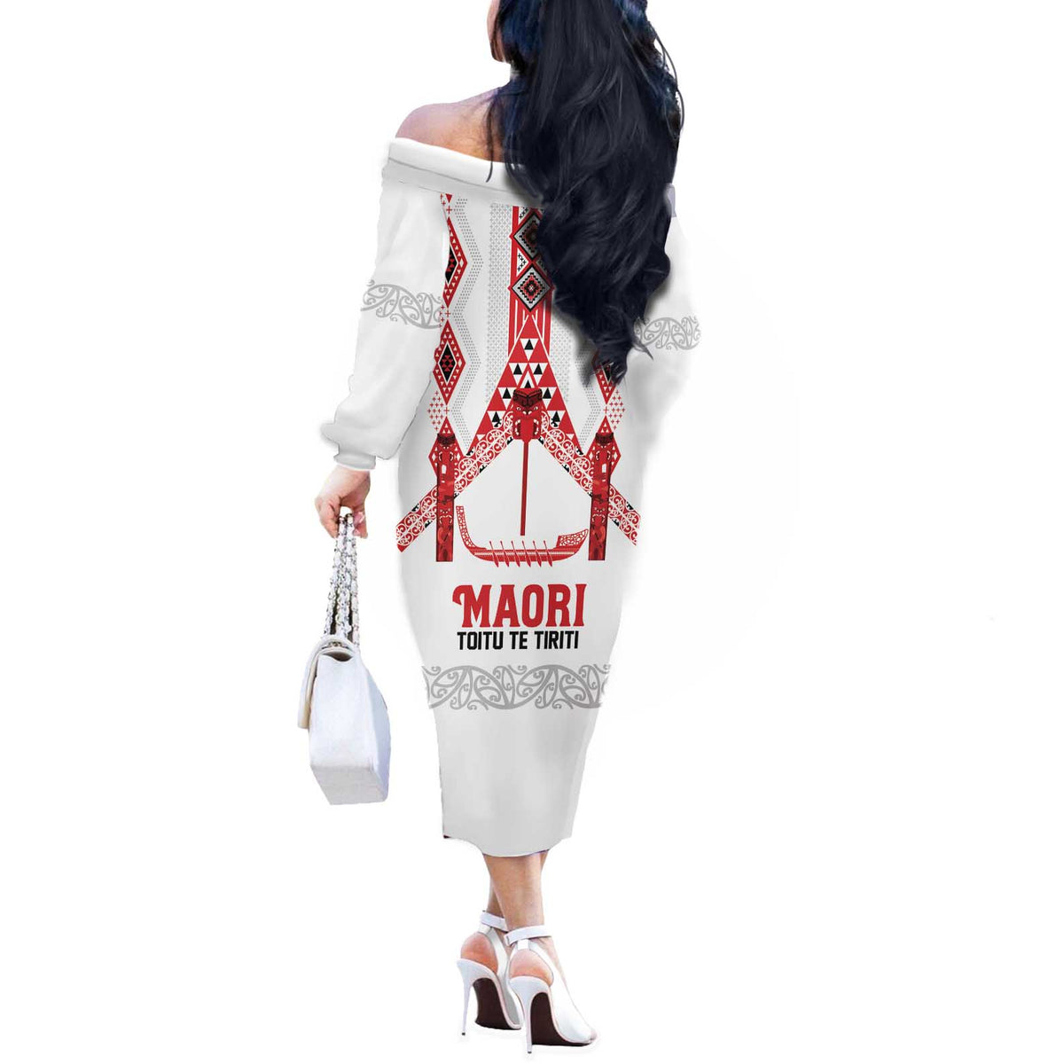 Toitu Te Tiriti Waitangi Off The Shoulder Long Sleeve Dress White Wharenui House - Polynesian Pride
