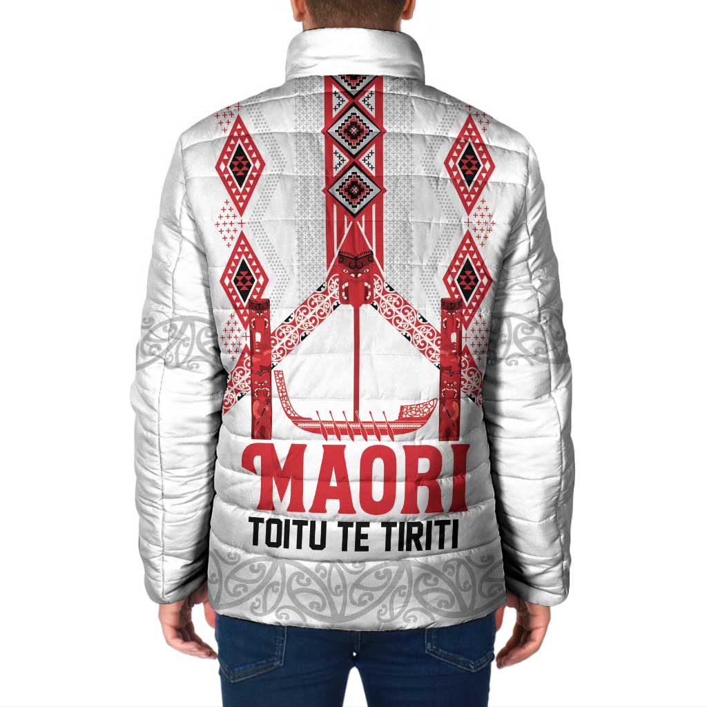 Toitu Te Tiriti Waitangi Padded Jacket White Wharenui House - Polynesian Pride