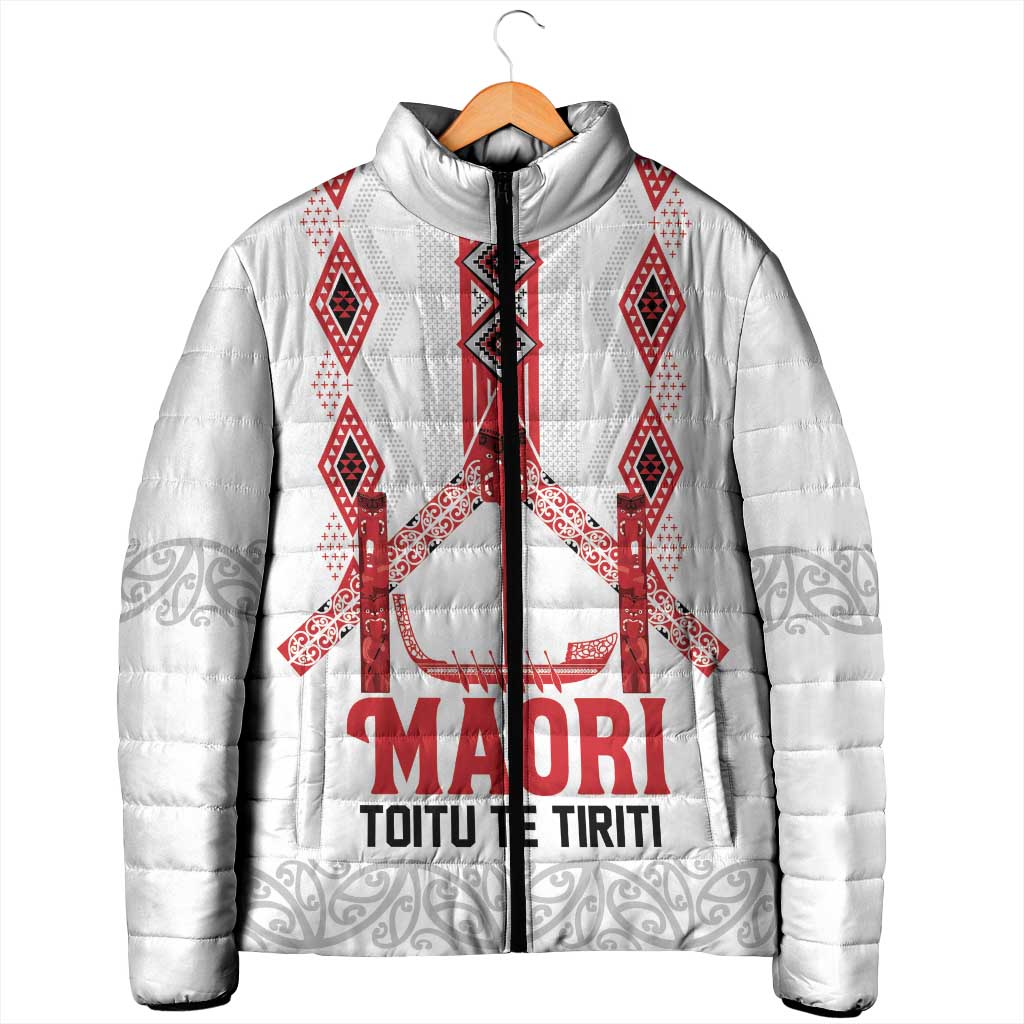 Toitu Te Tiriti Waitangi Padded Jacket White Wharenui House - Polynesian Pride