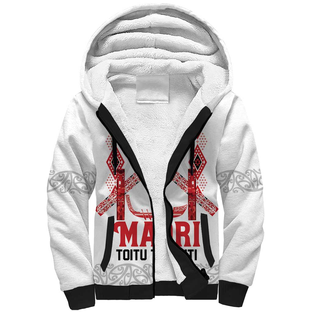 Toitu Te Tiriti Waitangi Sherpa Hoodie White Wharenui House - Polynesian Pride