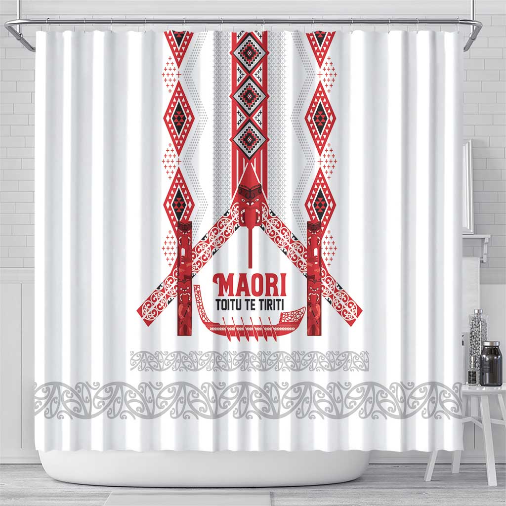 Toitu Te Tiriti Waitangi Shower Curtain White Wharenui House LT9 - Polynesian Pride