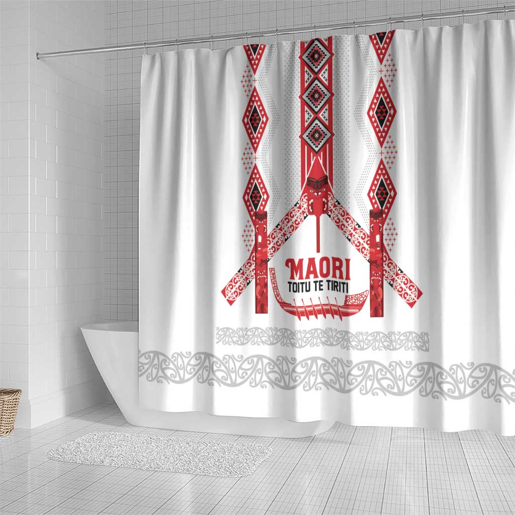 Toitu Te Tiriti Waitangi Shower Curtain White Wharenui House LT9 - Polynesian Pride
