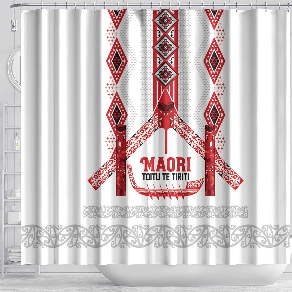 Toitu Te Tiriti Waitangi Shower Curtain White Wharenui House LT9 - Polynesian Pride