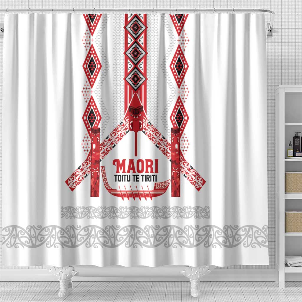 Toitu Te Tiriti Waitangi Shower Curtain White Wharenui House LT9 - Polynesian Pride