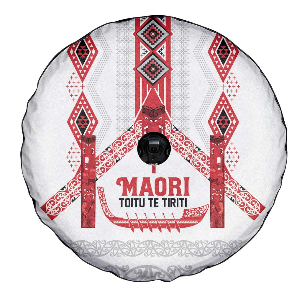 Toitu Te Tiriti Waitangi Spare Tire Cover White Wharenui House - Polynesian Pride