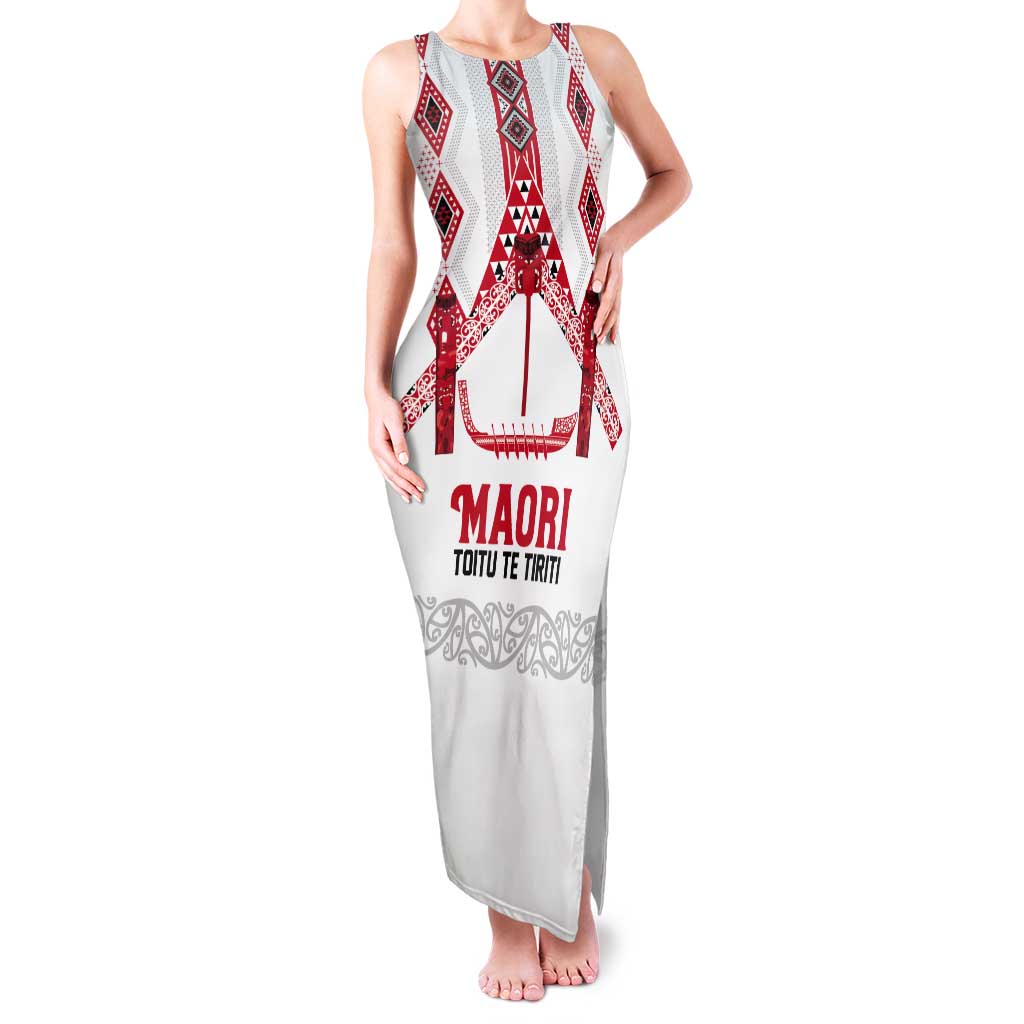 Toitu Te Tiriti Waitangi Tank Maxi Dress White Wharenui House LT9 Women white - Polynesian Pride