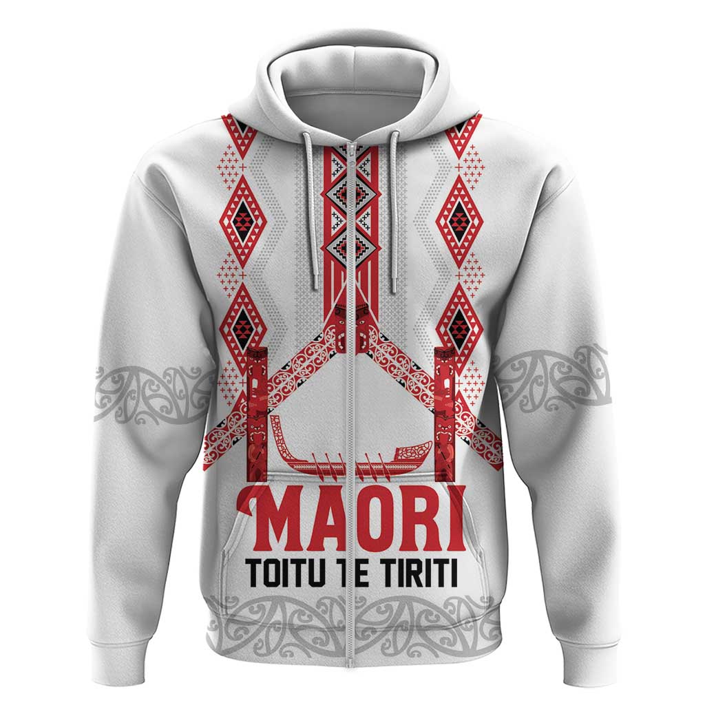 Toitu Te Tiriti Waitangi Zip Hoodie White Wharenui House - Polynesian Pride