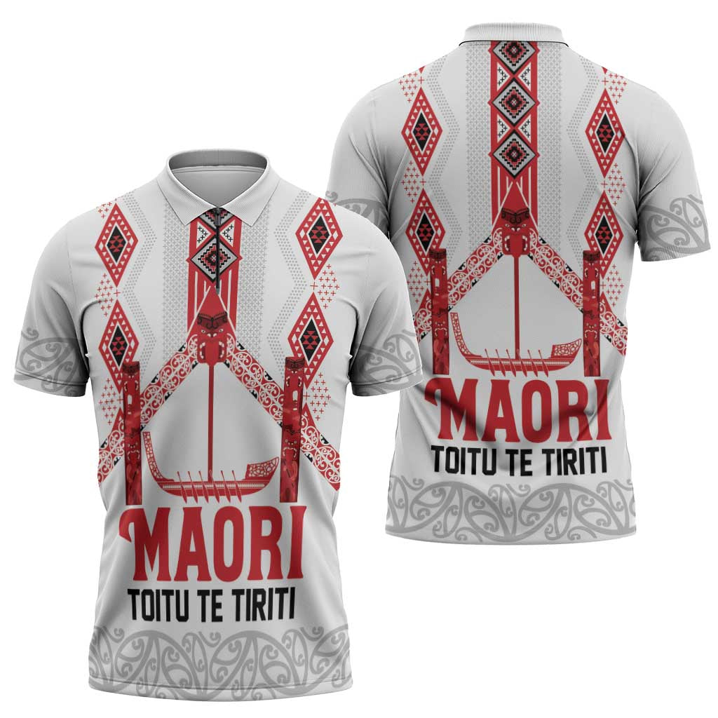 Toitu Te Tiriti Waitangi Zipper Polo Shirt White Wharenui House LT9 - Polynesian Pride
