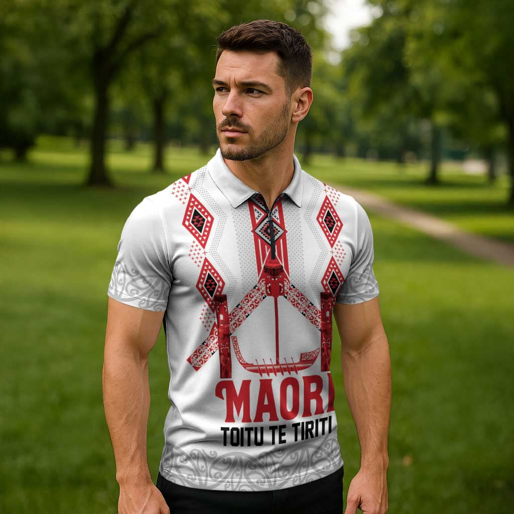 Toitu Te Tiriti Waitangi Zipper Polo Shirt White Wharenui House LT9 - Polynesian Pride