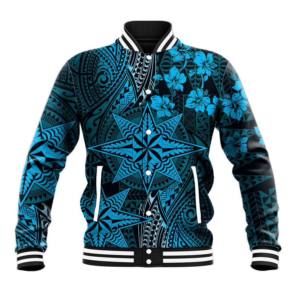 Vintage Tonga Tribal Ngatu Pattern Baseball Jacket With Pacific Floral Aqua Art LT9 Unisex Aqua - Polynesian Pride
