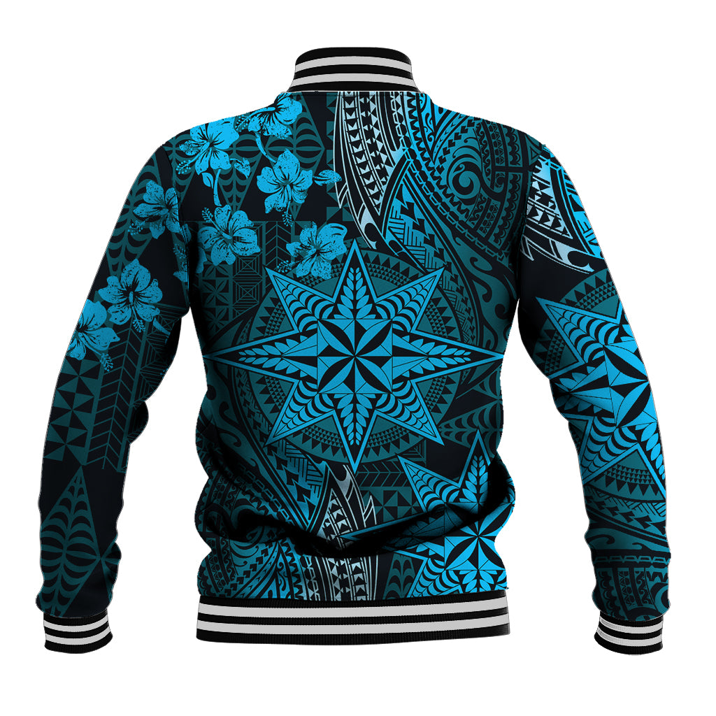 Vintage Tonga Tribal Ngatu Pattern Baseball Jacket With Pacific Floral Aqua Art LT9 - Polynesian Pride