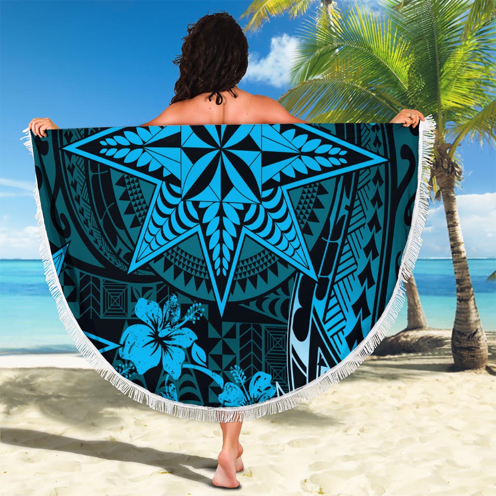 Vintage Tonga Tribal Ngatu Pattern Beach Blanket With Pacific Floral Aqua Art LT9 - Polynesian Pride