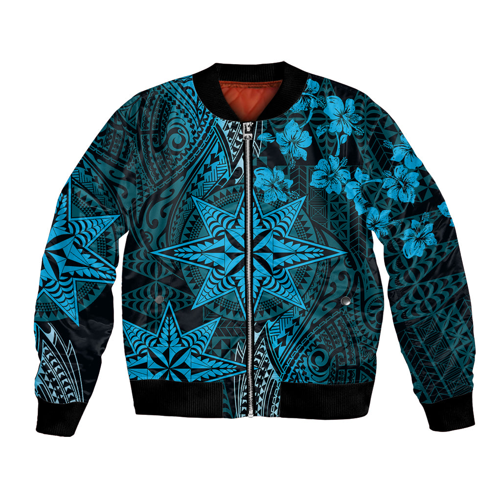 Vintage Tonga Tribal Ngatu Pattern Bomber Jacket With Pacific Floral Aqua Art