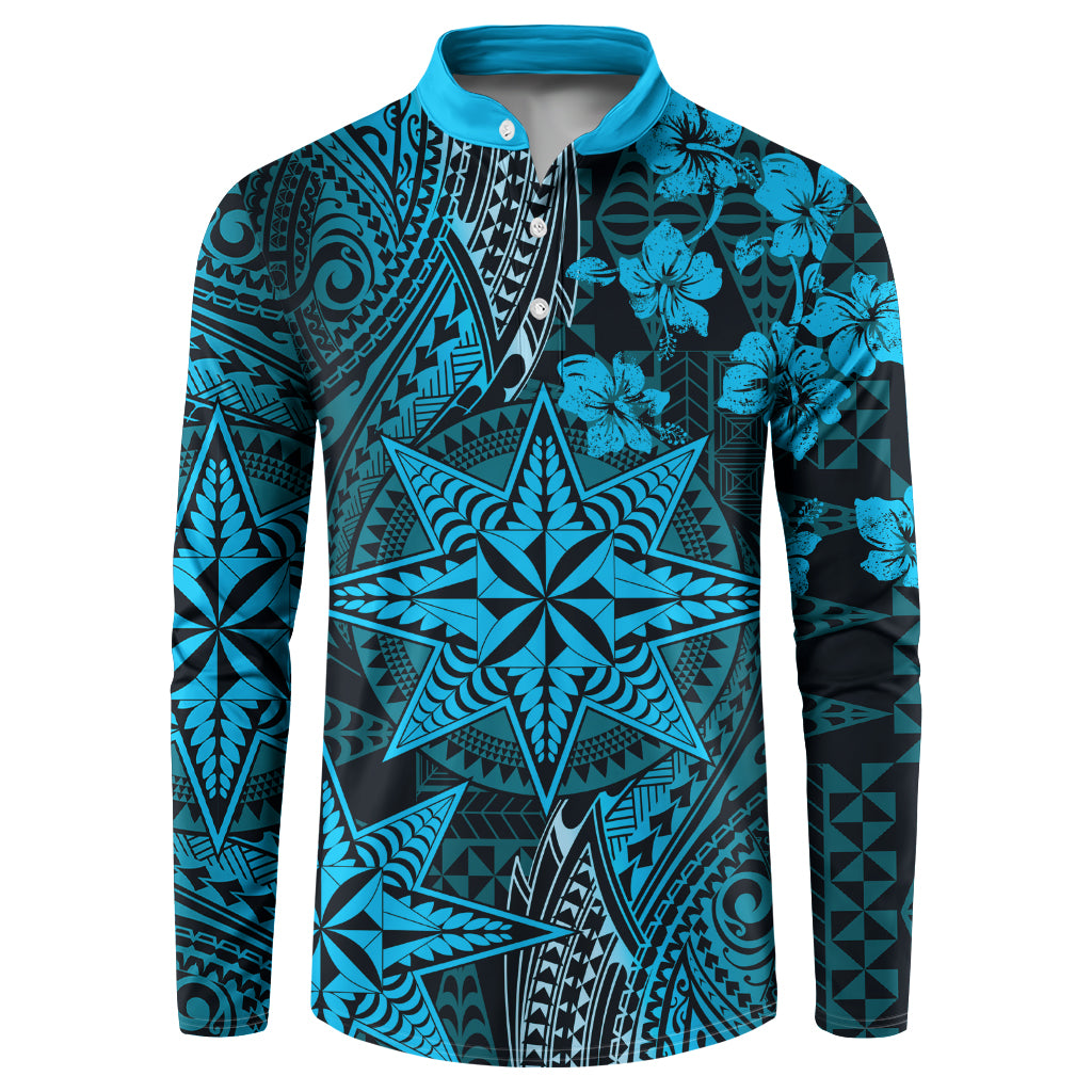 Vintage Tonga Tribal Ngatu Pattern Button Sweatshirt With Pacific Floral Aqua Art LT9 Aqua - Polynesian Pride