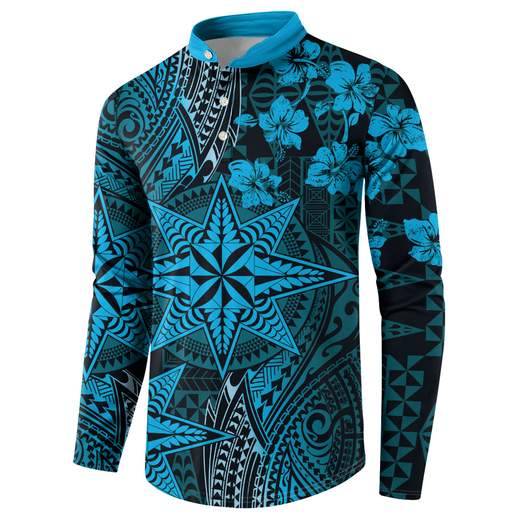 Vintage Tonga Tribal Ngatu Pattern Button Sweatshirt With Pacific Floral Aqua Art LT9 - Polynesian Pride