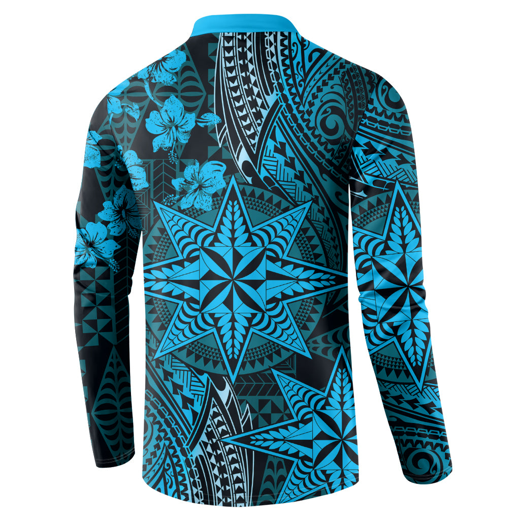 Vintage Tonga Tribal Ngatu Pattern Button Sweatshirt With Pacific Floral Aqua Art LT9 - Polynesian Pride