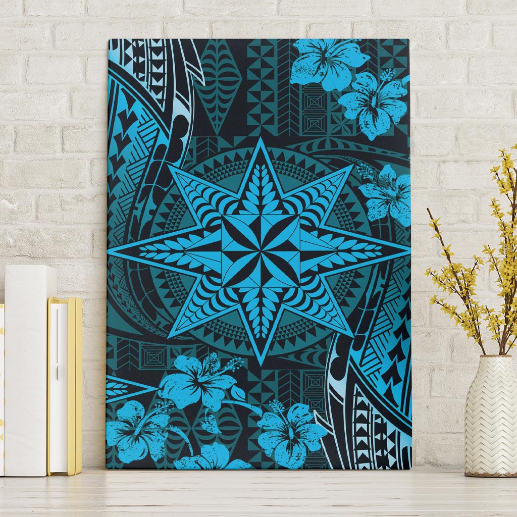 Vintage Tonga Tribal Ngatu Pattern Canvas Wall Art With Pacific Floral Aqua Art LT9 Without Frame Aqua - Polynesian Pride