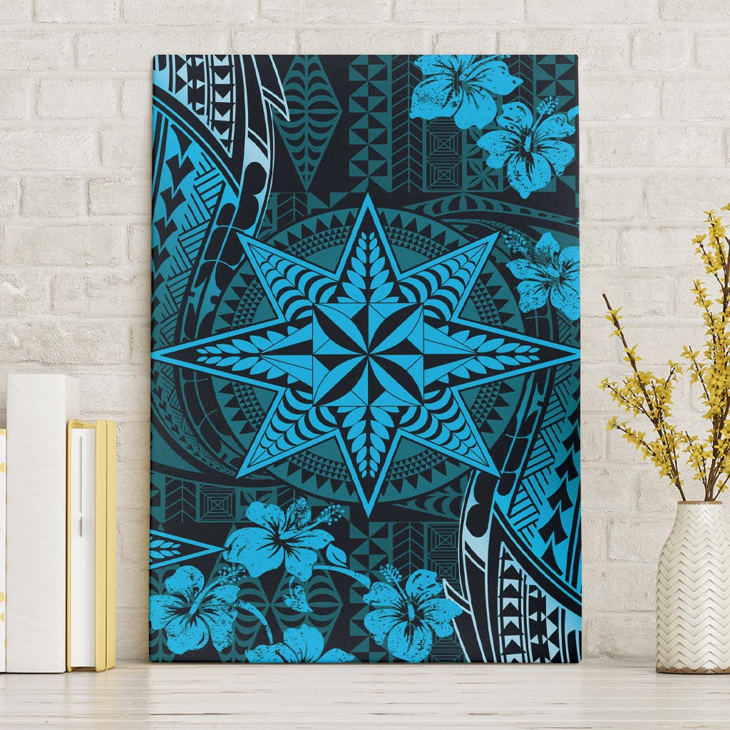 Vintage Tonga Tribal Ngatu Pattern Canvas Wall Art With Pacific Floral Aqua Art