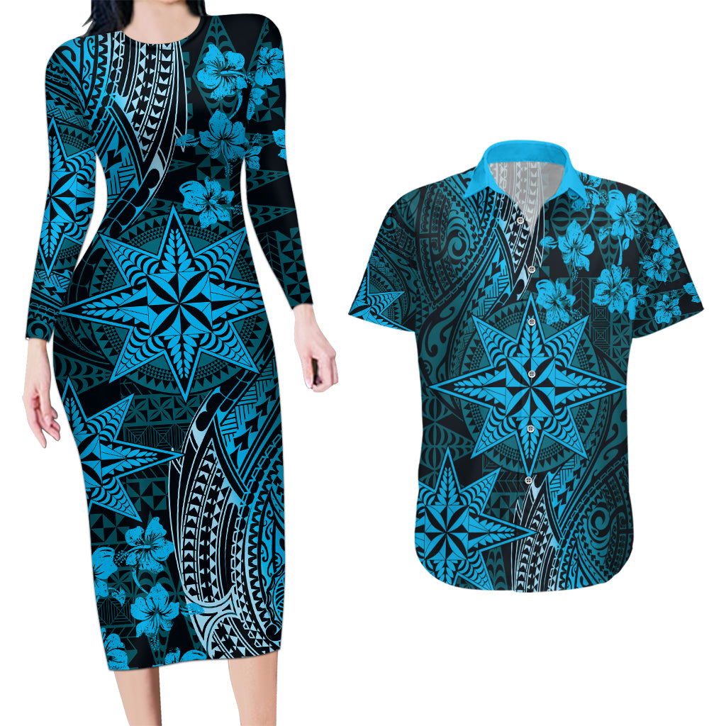 Vintage Tonga Tribal Ngatu Pattern Couples Matching Long Sleeve Bodycon Dress and Hawaiian Shirt With Pacific Floral Aqua Art LT9 Aqua - Polynesian Pride