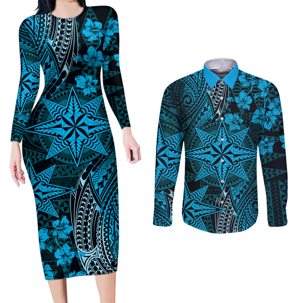 Vintage Tonga Tribal Ngatu Pattern Couples Matching Long Sleeve Bodycon Dress and Long Sleeve Button Shirt With Pacific Floral Aqua Art LT9 Aqua - Polynesian Pride