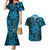 Vintage Tonga Tribal Ngatu Pattern Couples Matching Mermaid Dress and Hawaiian Shirt With Pacific Floral Aqua Art