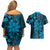 Vintage Tonga Tribal Ngatu Pattern Couples Matching Off Shoulder Short Dress and Hawaiian Shirt With Pacific Floral Aqua Art