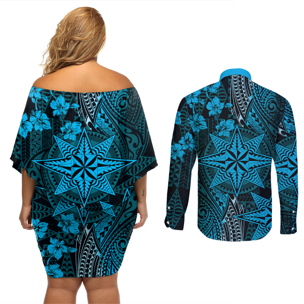 Vintage Tonga Tribal Ngatu Pattern Couples Matching Off Shoulder Short Dress and Long Sleeve Button Shirt With Pacific Floral Aqua Art