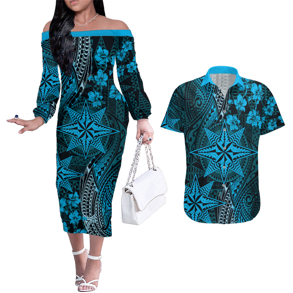 Vintage Tonga Tribal Ngatu Pattern Couples Matching Off The Shoulder Long Sleeve Dress and Hawaiian Shirt With Pacific Floral Aqua Art