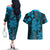 Vintage Tonga Tribal Ngatu Pattern Couples Matching Off The Shoulder Long Sleeve Dress and Hawaiian Shirt With Pacific Floral Aqua Art