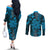 Vintage Tonga Tribal Ngatu Pattern Couples Matching Off The Shoulder Long Sleeve Dress and Long Sleeve Button Shirt With Pacific Floral Aqua Art