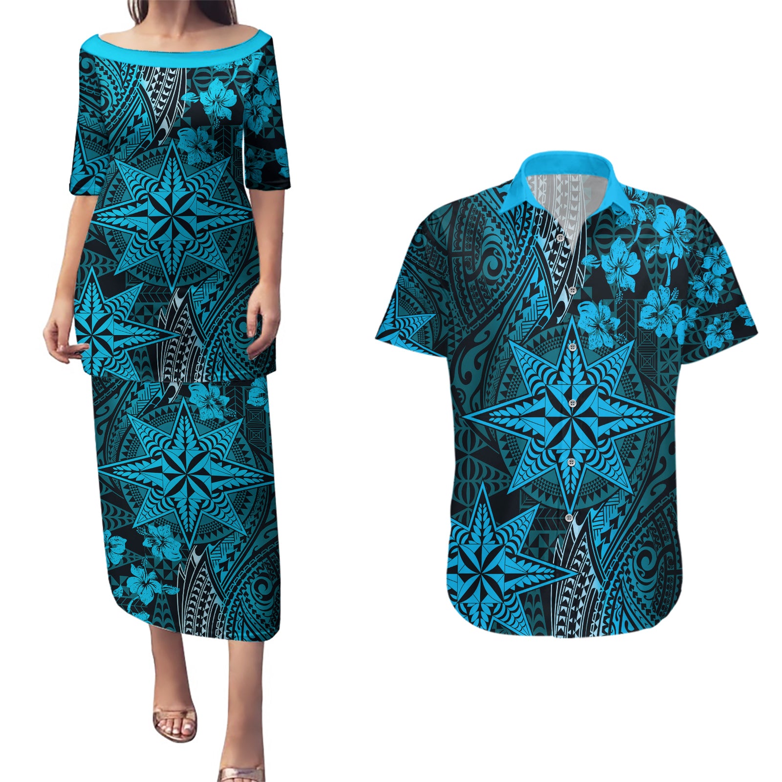 Vintage Tonga Tribal Ngatu Pattern Couples Matching Puletasi and Hawaiian Shirt With Pacific Floral Aqua Art LT9 Aqua - Polynesian Pride